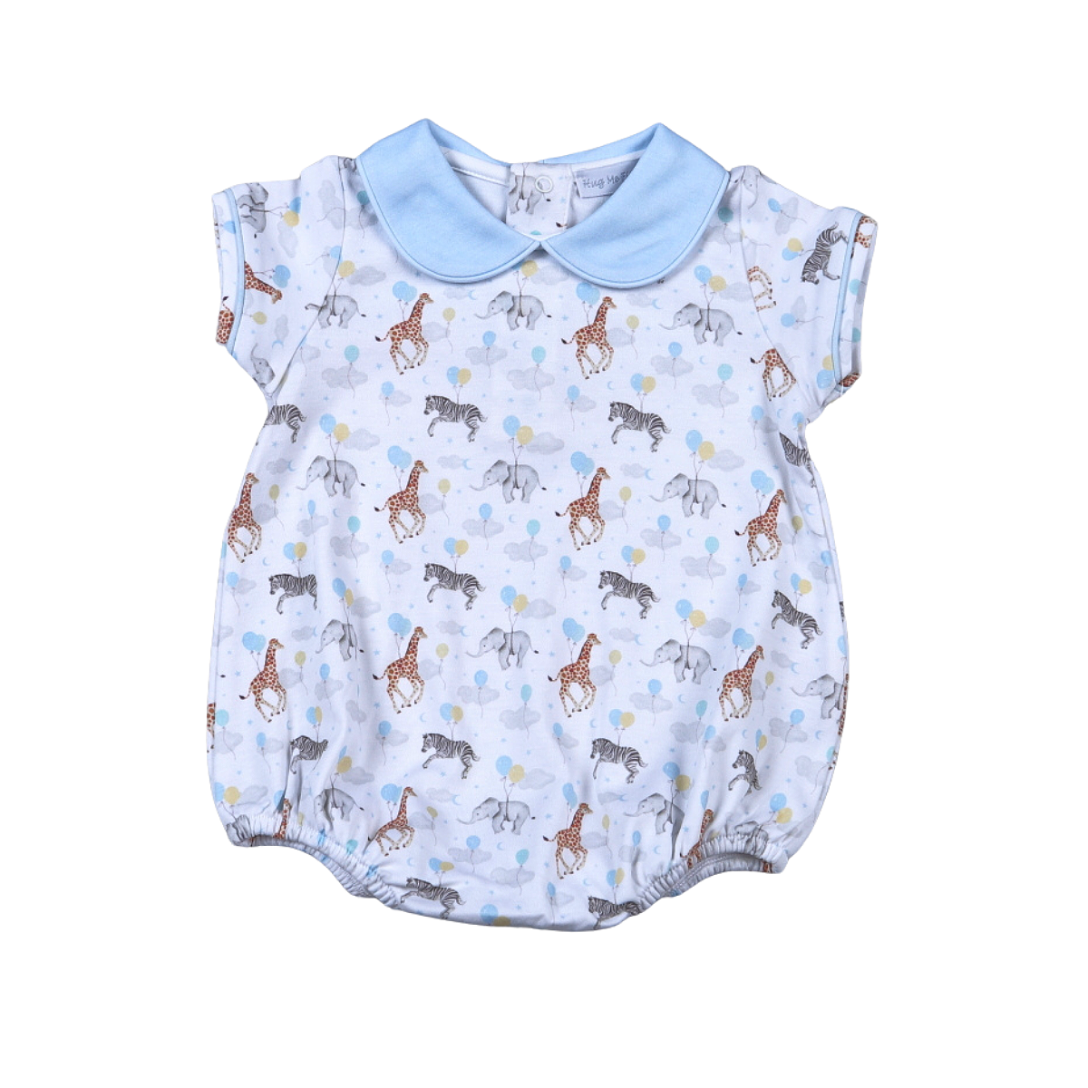 Baby boy's bubble with a blue collar and trim and an allover pattern of zebras, giraffes and elephants with balloons. 