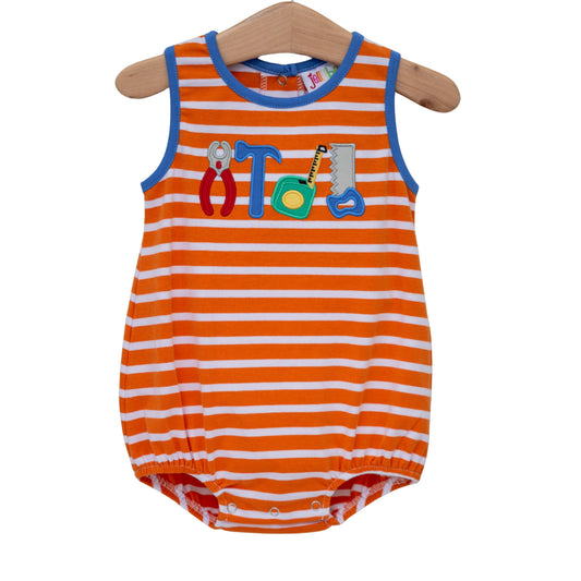 Orange and white striped bubble with blue trim and tools applique.