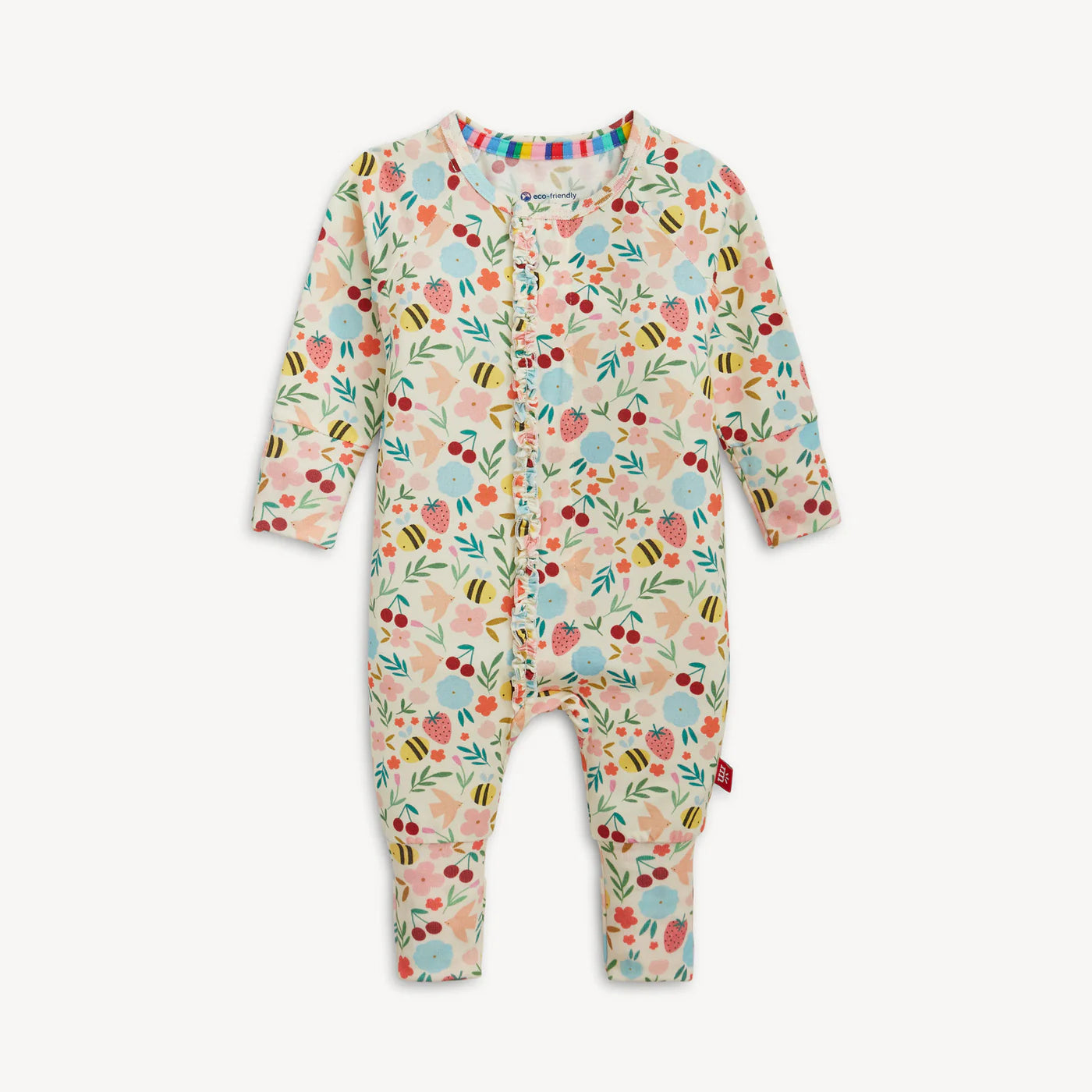 Colorful baby coverall with flowers, strawberries and bees.