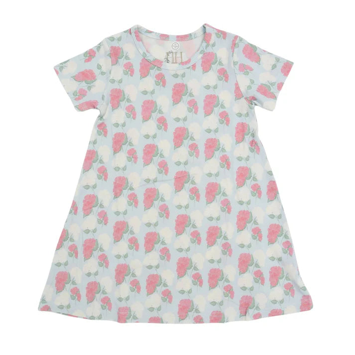 Short sleeve bamboo dress with hydrangea pattern.