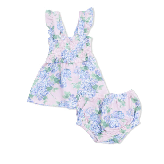 Smocked pale pink top with ruffle sleeve and hydrangea pattern with matching bloomers.