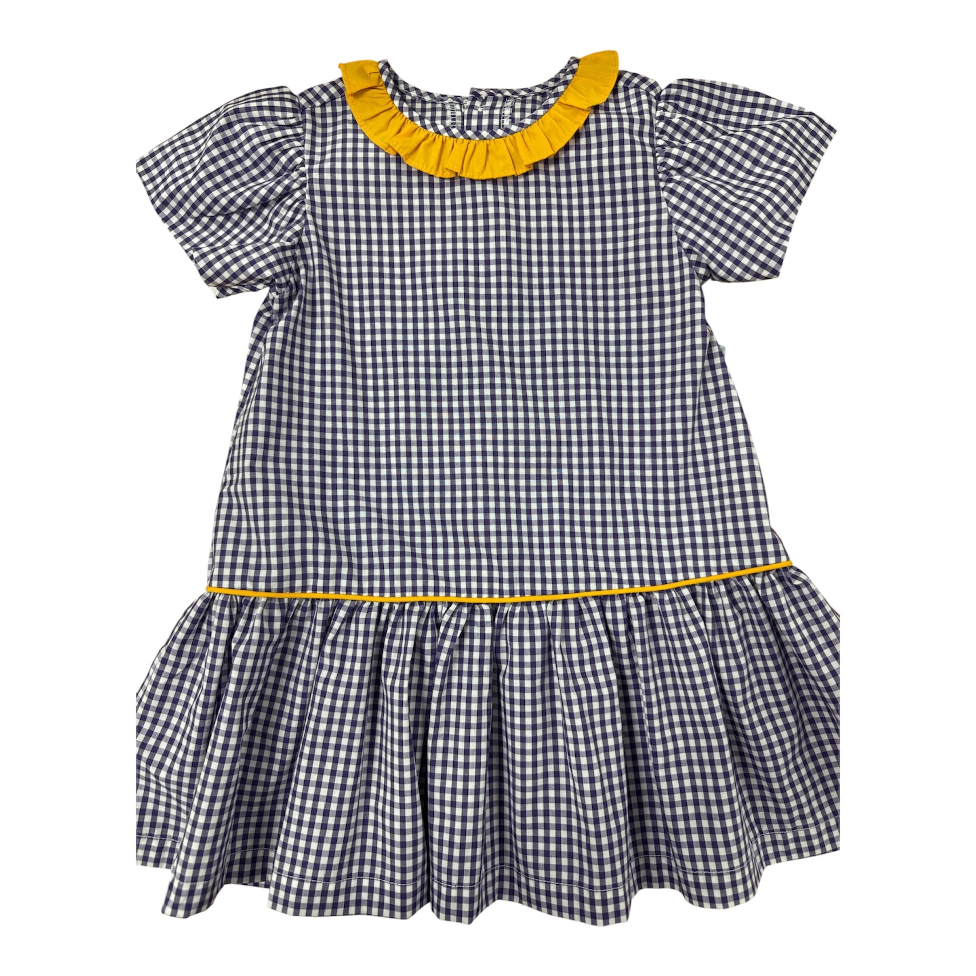 Purple check dress with gold ruffle collar 