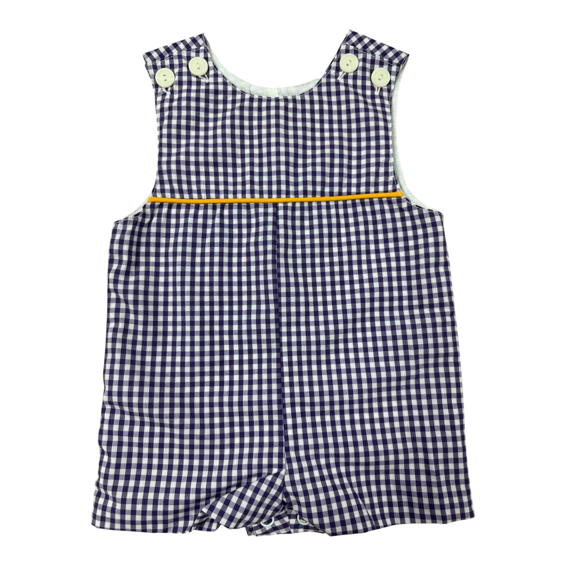 Purple and check shortall with gold accents 