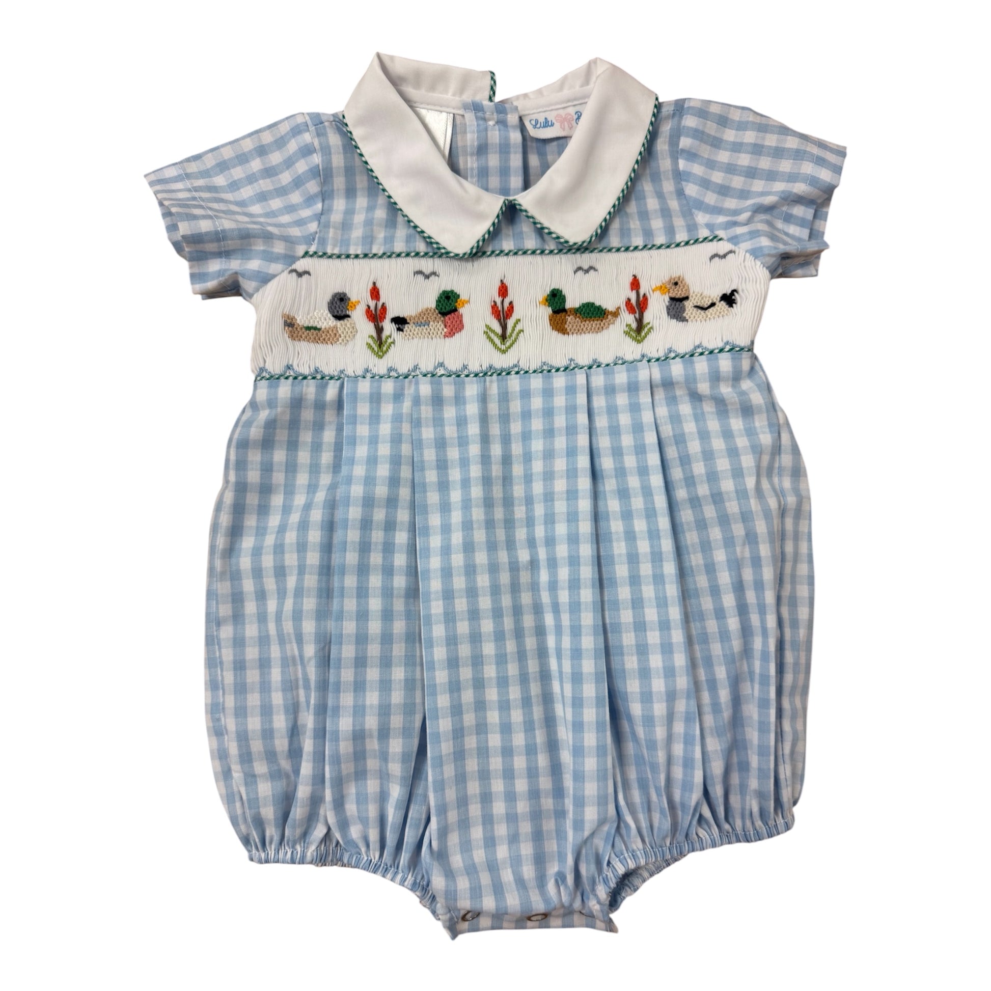 Blue and white checkered smocked mallard bubble 