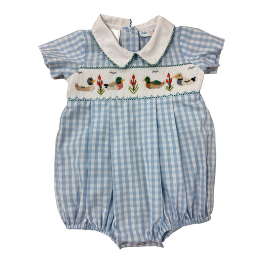 Blue and white checkered smocked mallard bubble 