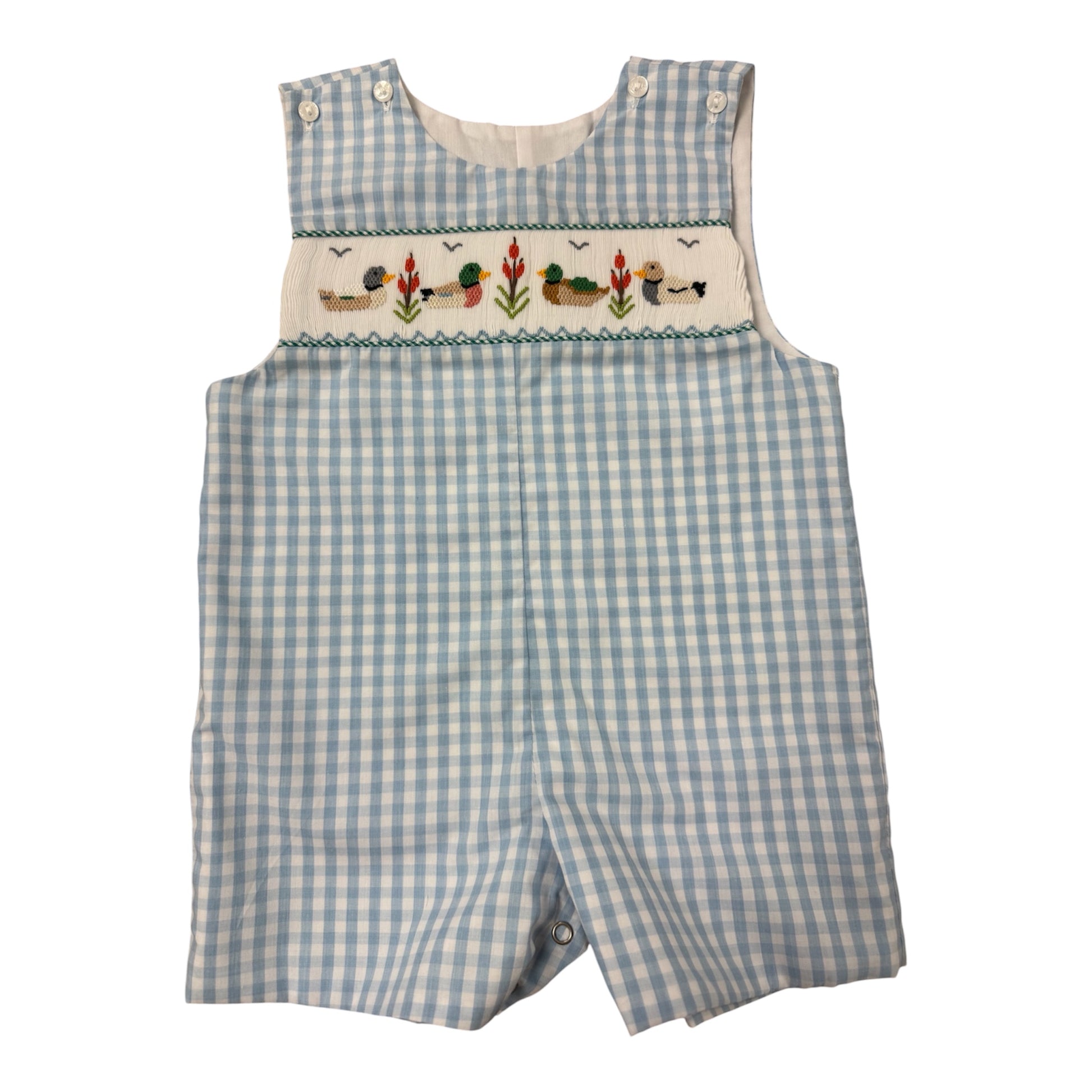 Blue white check shortall with smocked Mallard 