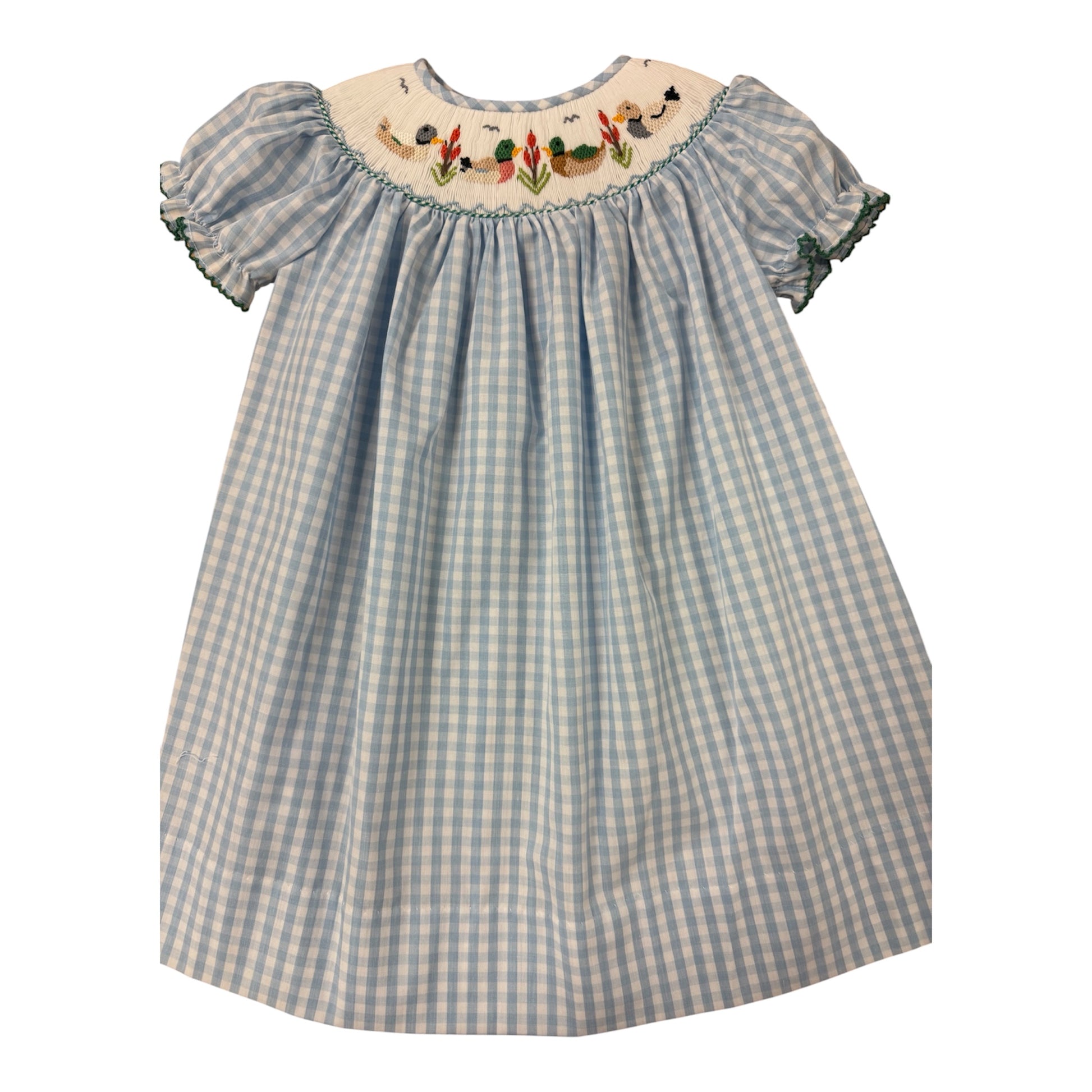 Blue checkered dress with smocked Mallard dress 