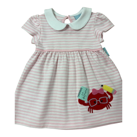Pink striped dress with collar with crab with back to school accessories design 