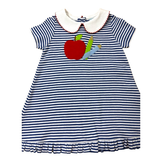 Navy and white striped dress with red apple and green book design on a white background