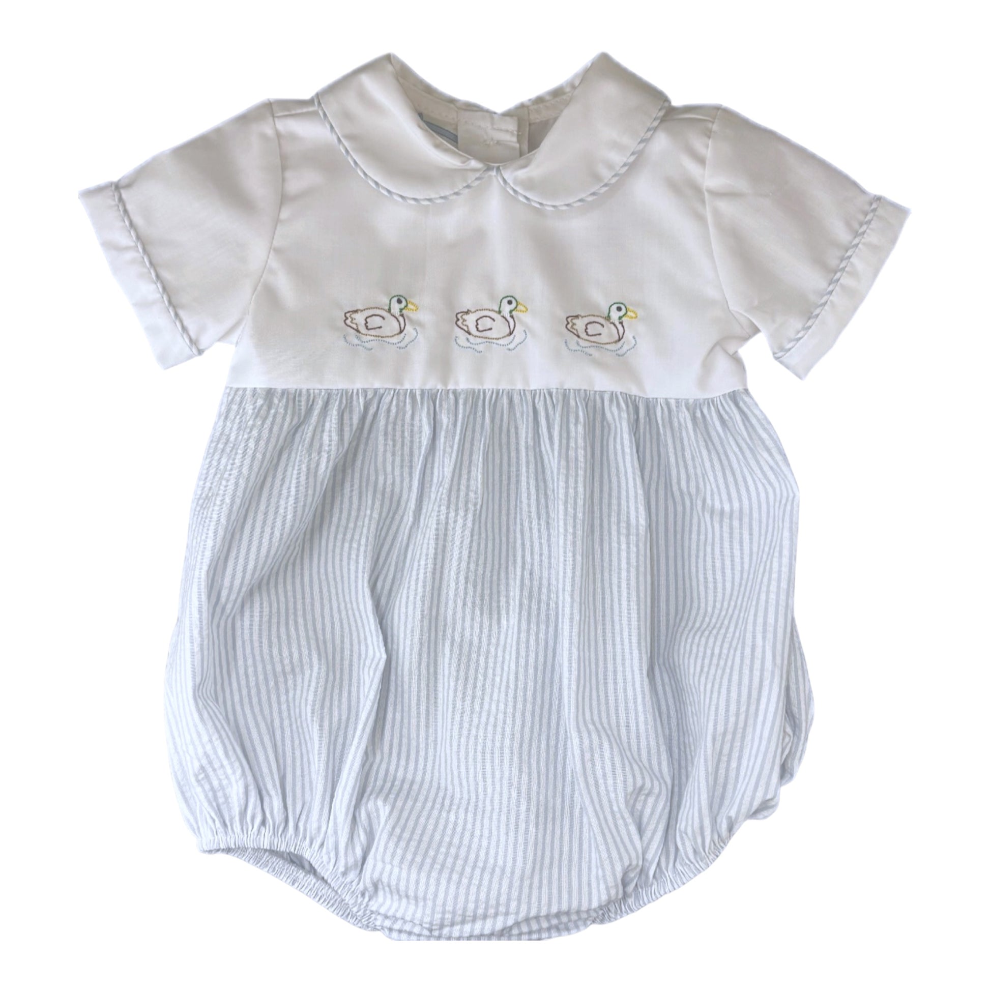 Duck embroidered bubble with blue and white stripes on the bottom 