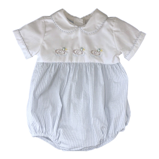Duck embroidered bubble with blue and white stripes on the bottom 