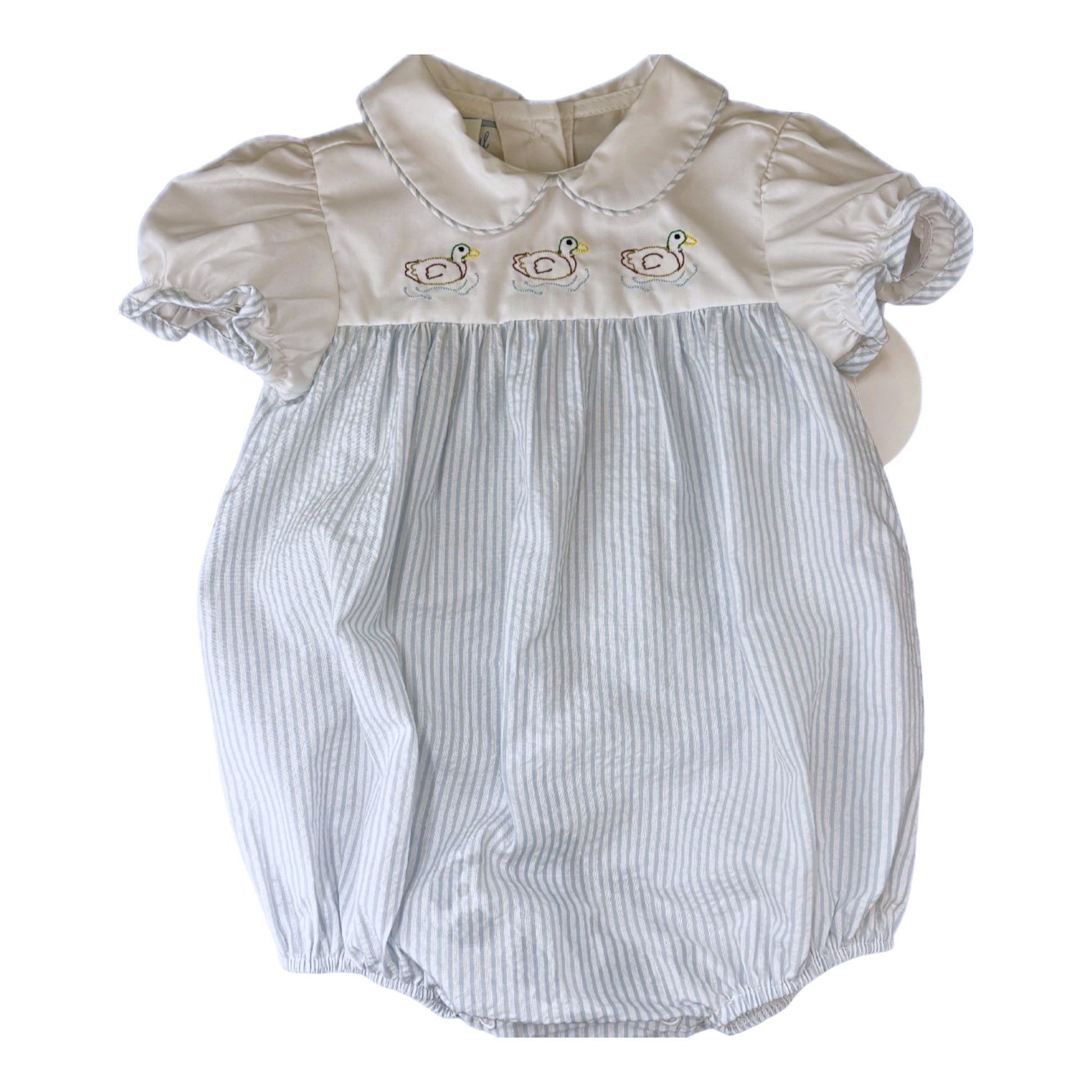 Blue and white striped bubble with embroidered ducks on top with ruffle sleeves 