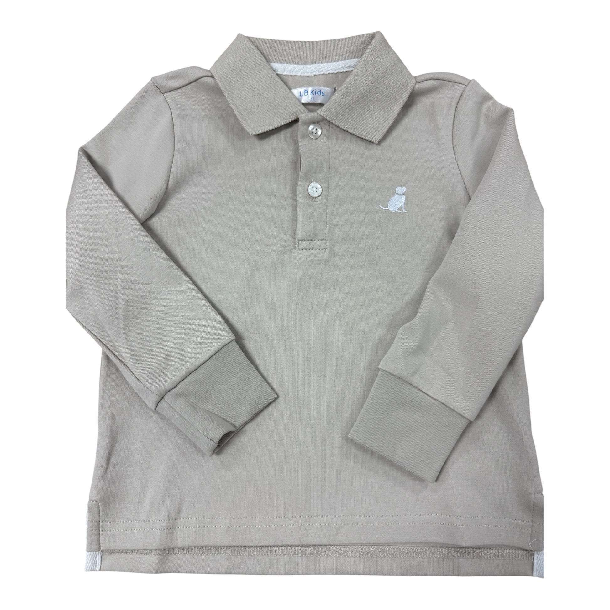 A light stone long-sleeve polo shirt for a child, featuring a classic collar, two-button placket, and a small white embroidered cat logo on the left chest, displayed against a solid white background.