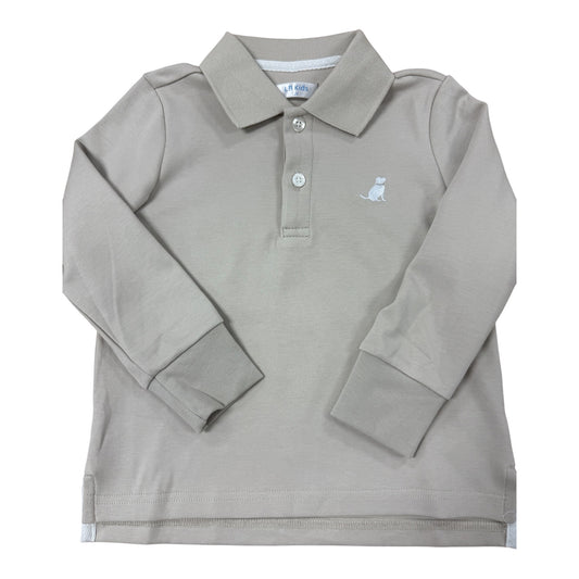A light stone long-sleeve polo shirt for a child, featuring a classic collar, two-button placket, and a small white embroidered cat logo on the left chest, displayed against a solid white background.