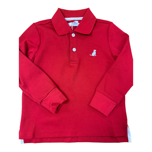 A red long-sleeve polo shirt for kids, featuring a small white embroidered cat logo on the left chest, set against a plain white background.