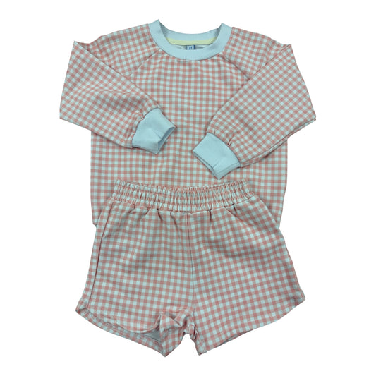 Pink white check sweatshirt short set 