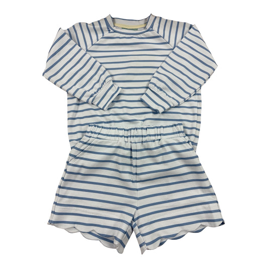 A two-piece children's loungewear set featuring a long-sleeve top and matching shorts, both with horizontal blue and white stripes and scalloped edges, laid flat on a white background.