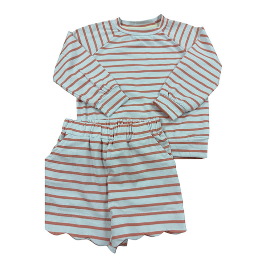 A two-piece children's loungewear set featuring a long-sleeve raglan shirt and matching shorts, both with horizontal stripes in light blue and terracotta orange, laid flat on a white background.