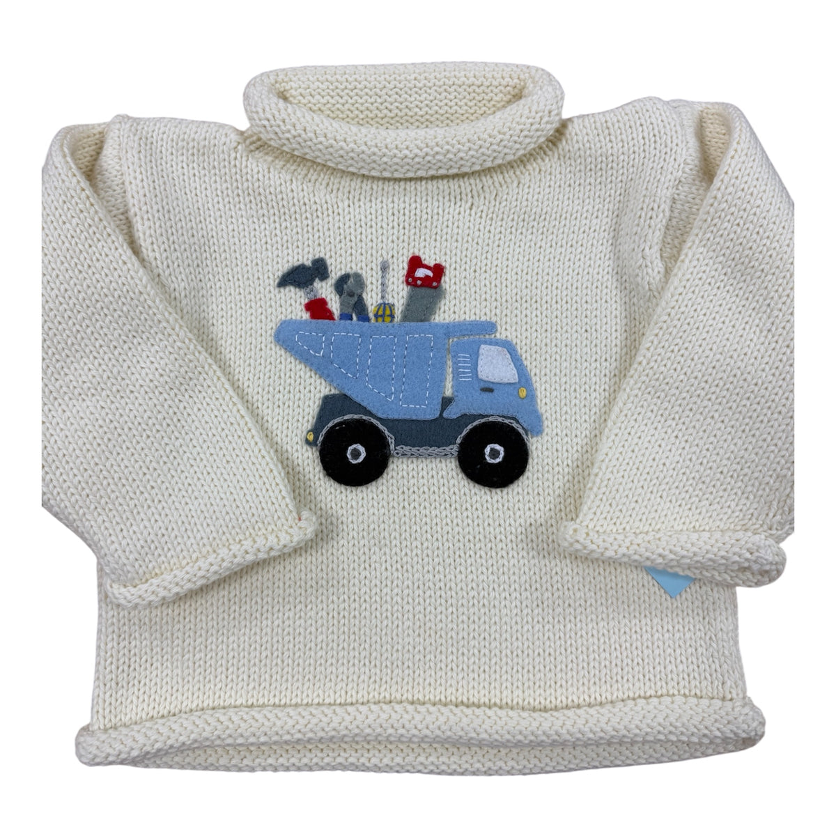 Off white roll neck sweater with construction truck with tools applique on chest 