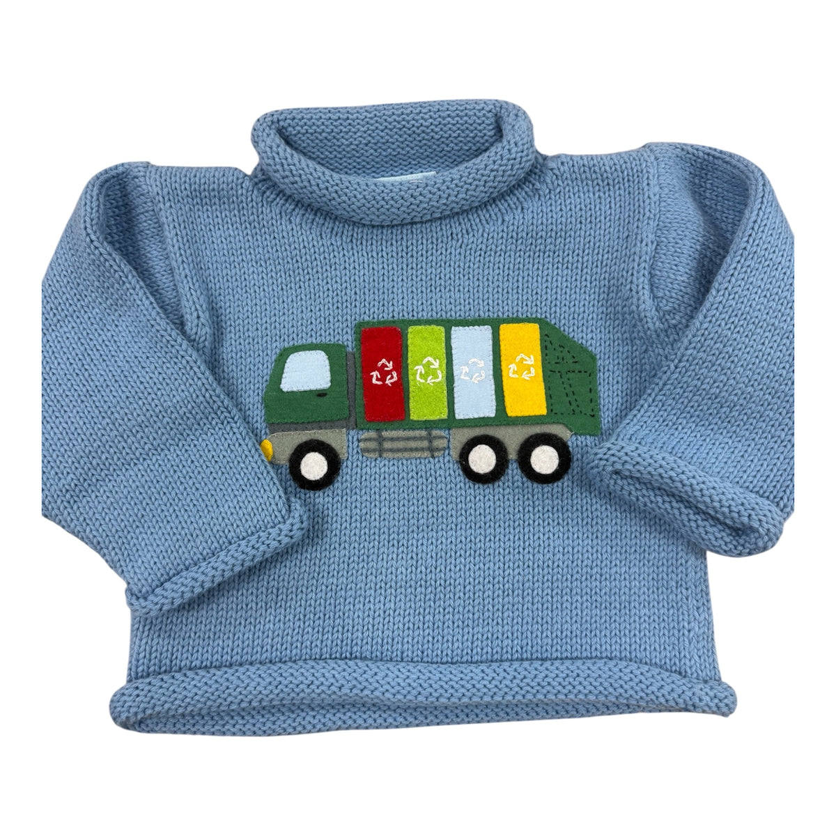 Slate blue rollneck sweater with recycle truck applique on the chest 