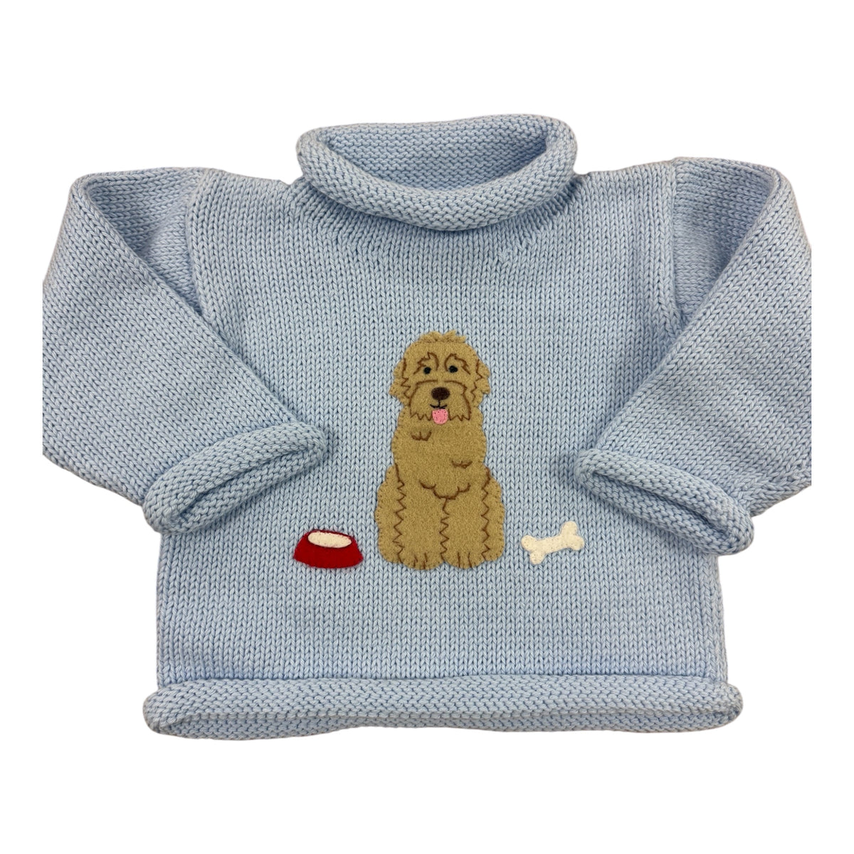 Light blue roll neck sweater with golden doodle design applique on the chest 