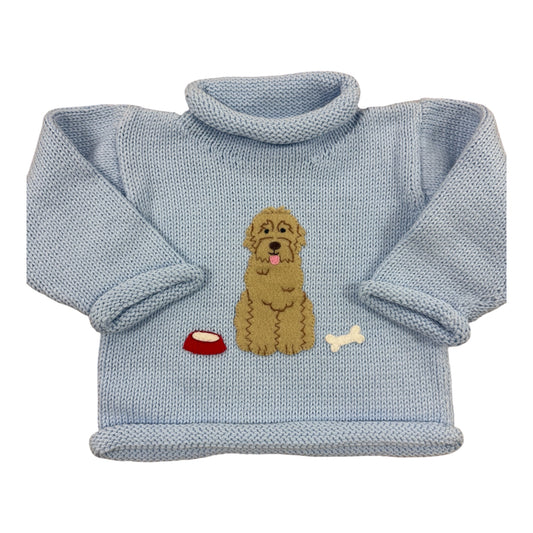 Light blue roll neck sweater with golden doodle design applique on the chest 