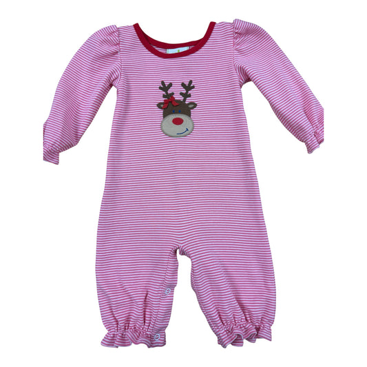 A baby long-sleeve footless romper with pink and white horizontal stripes, featuring a red crew neck and a festive reindeer face graphic on the chest.