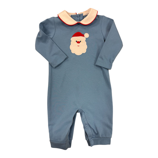 A baby's long-sleeve footless one-piece romper in dusty blue, featuring a white colored Peter Pan collar with red trim and a Santa Claus face graphic on the chest.