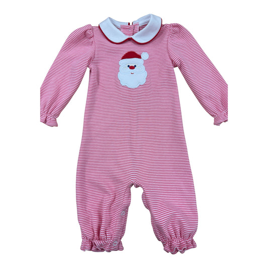 Pink and white striped romper with white collar and Santa applique on chest 