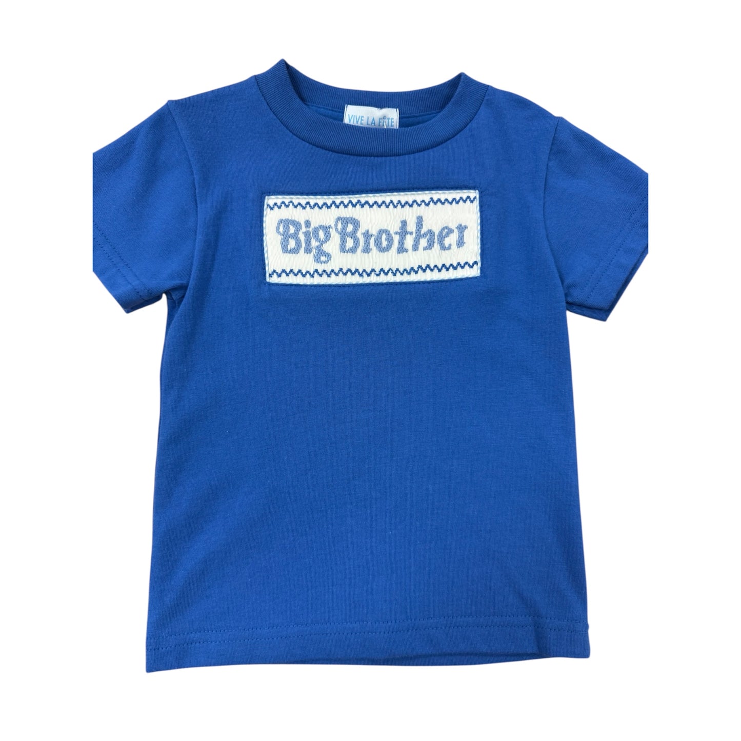 Blue smocked shirt with 'Big Brother' text on a white background