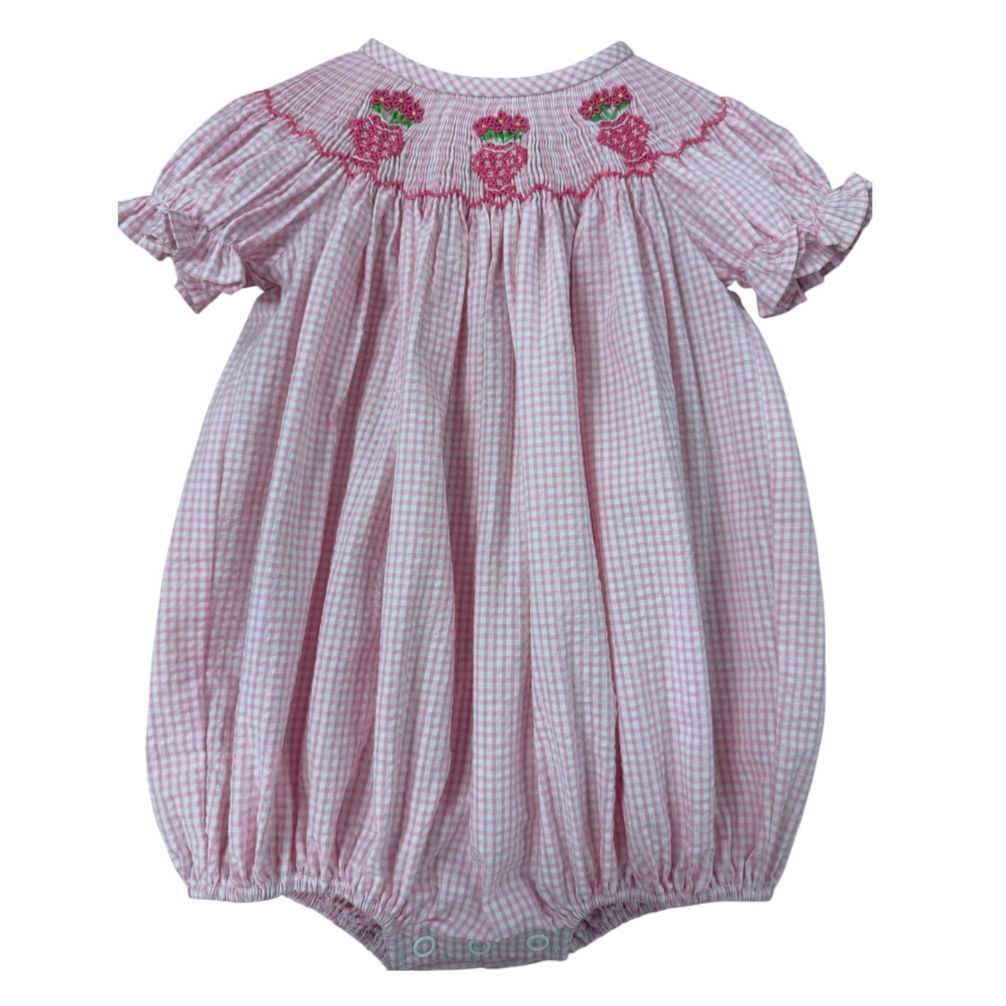 Pink checkered smocled baby romper with pink ginger jars embroidered details.