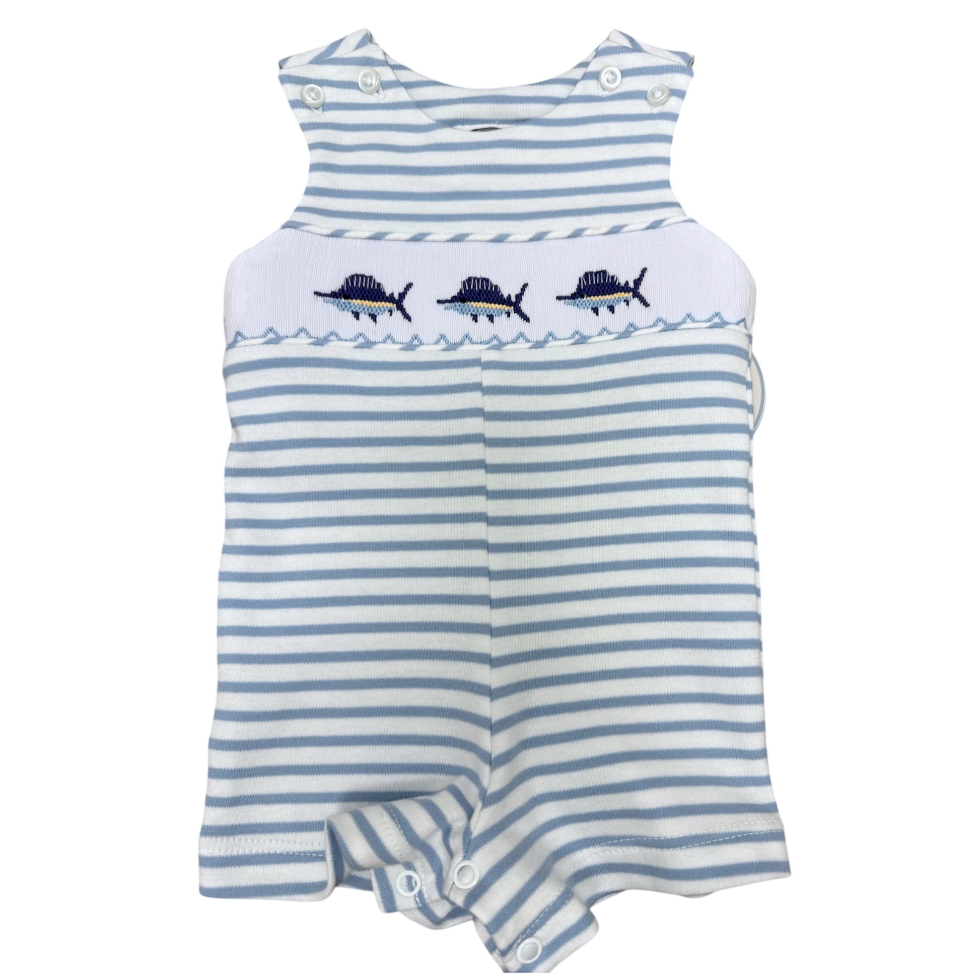 Striped baby smocked romper with fish designs on a white background
