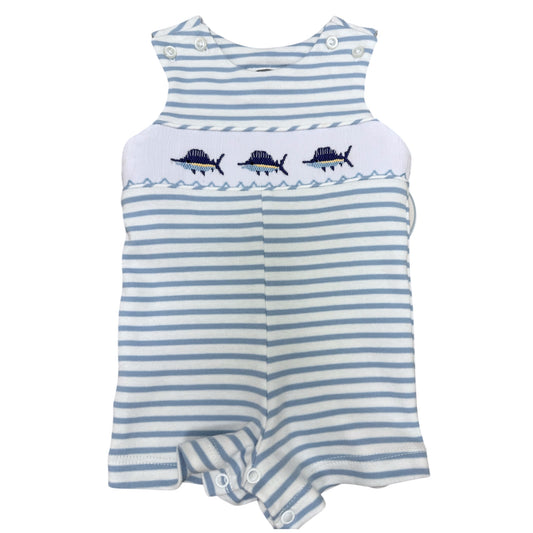 Striped baby smocked romper with fish designs on a white background