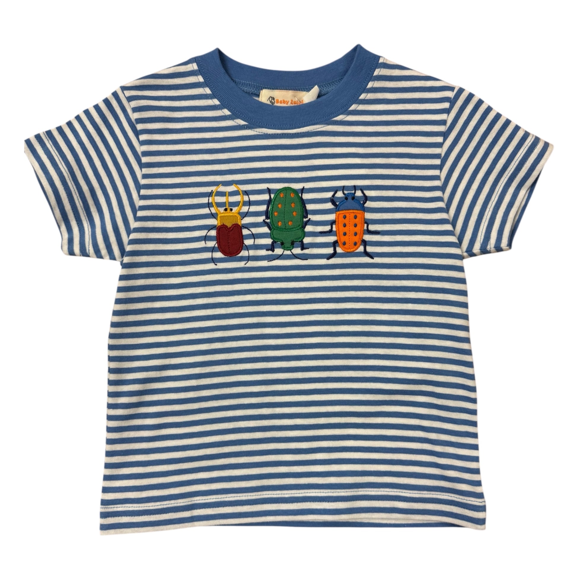 Blue and white striped t-shirt with colorful beetle designs on a white background