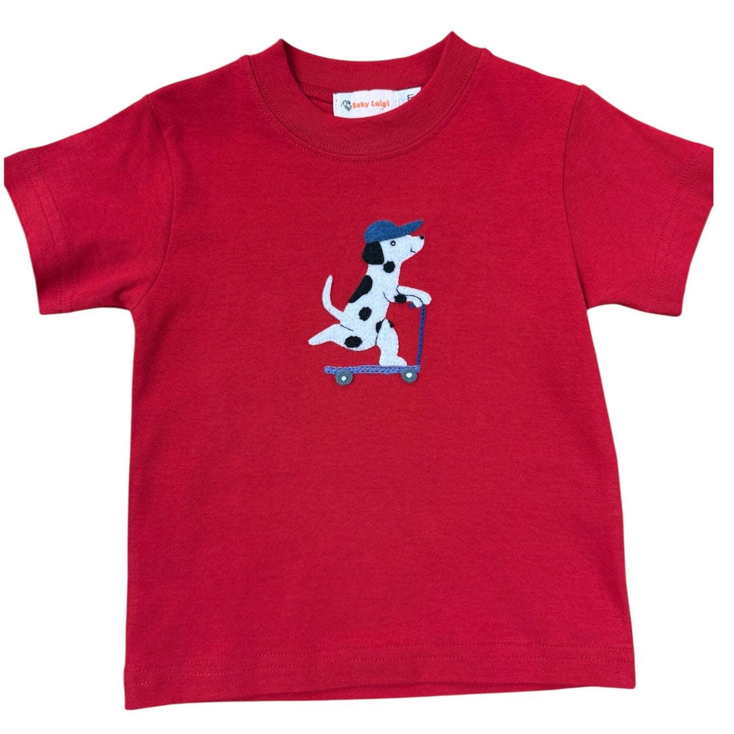 Red t-shirt with a dog on a scooter graphic 