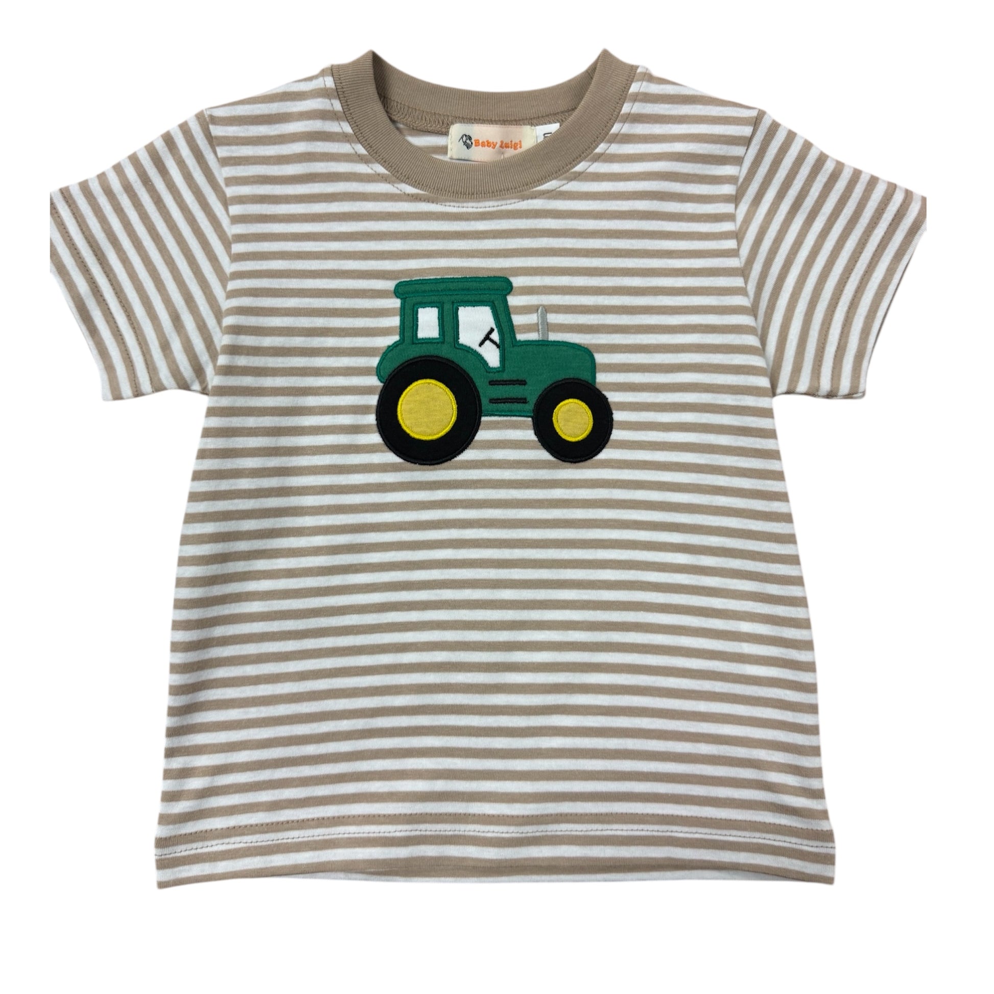 Tan Striped t-shirt with a green tractor design 