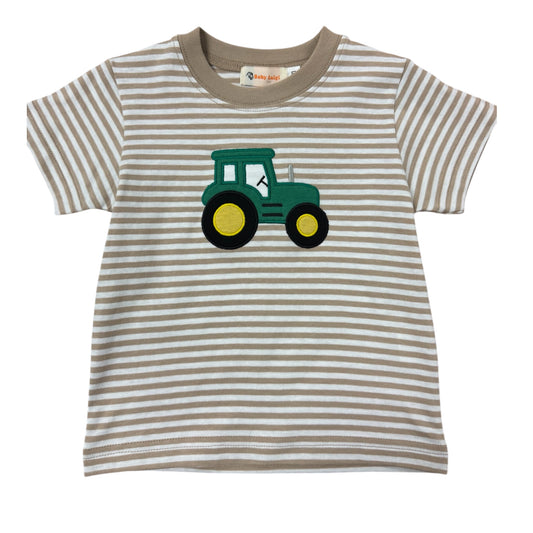 Tan Striped t-shirt with a green tractor design 