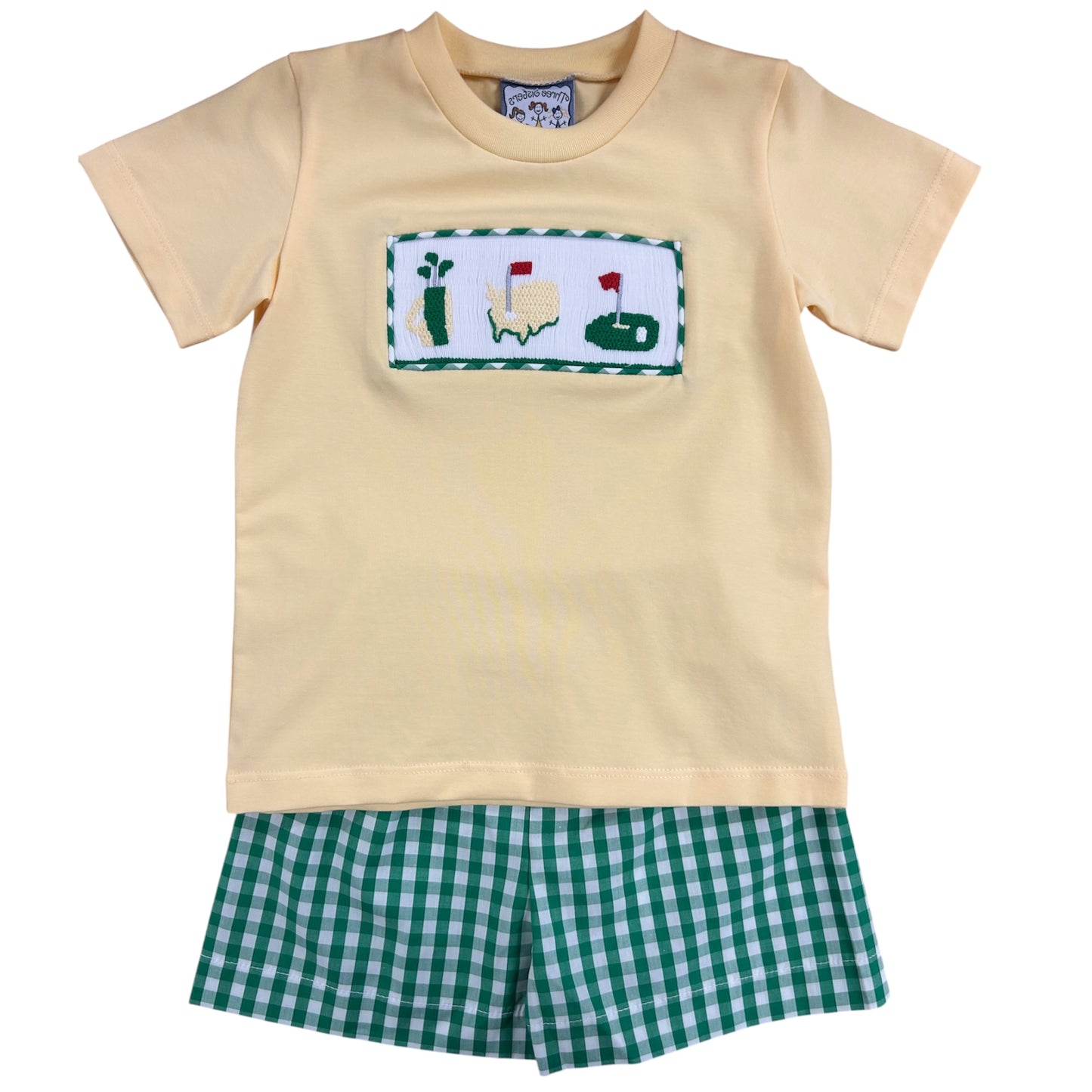 Boy Smocked Short Set with yellow smocked shirt golf them and green checkered shorts