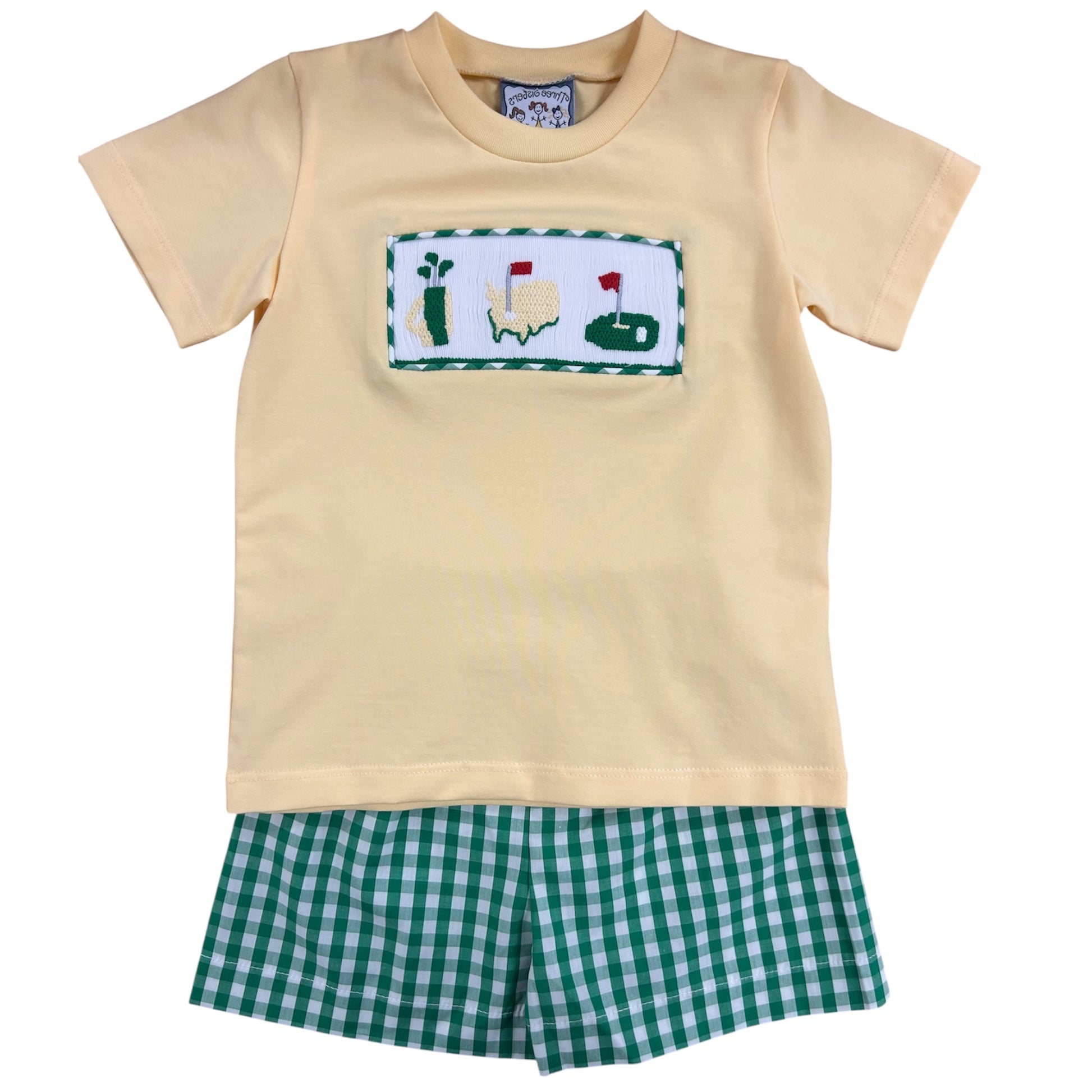Boy Smocked Short Set with yellow smocked shirt golf them and green checkered shorts