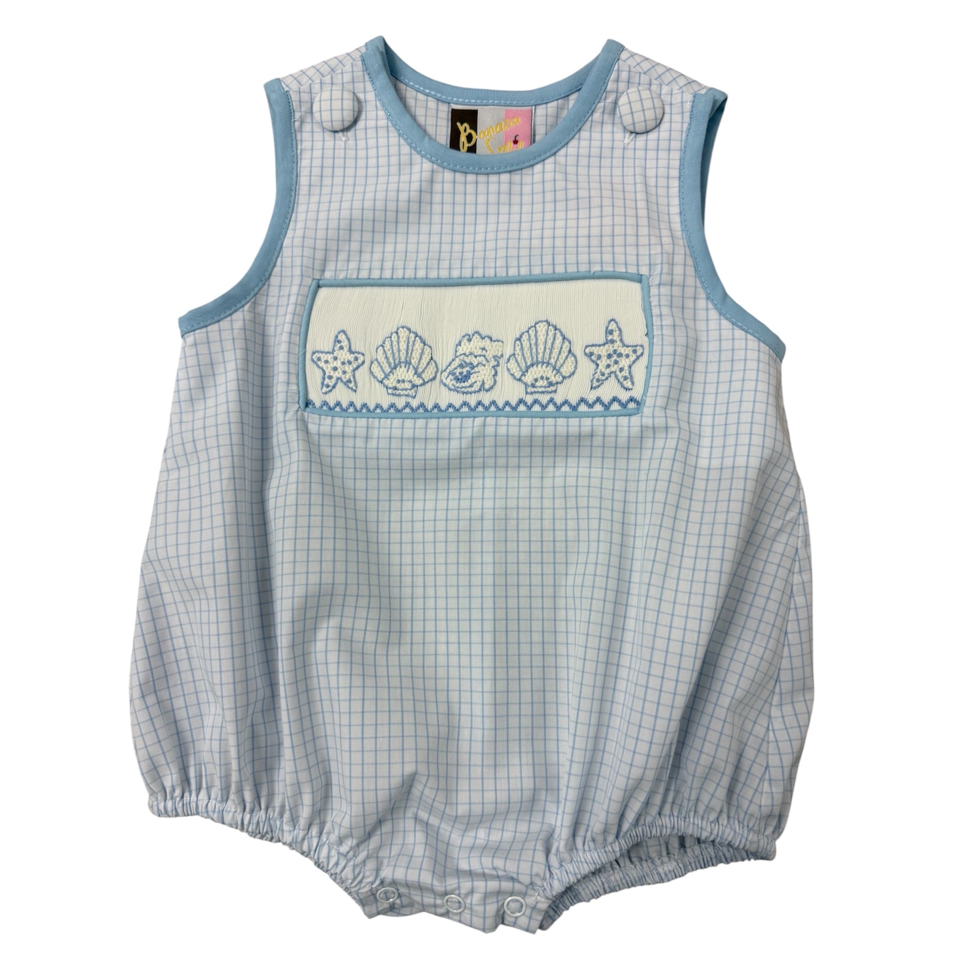 Baby bubble with checkered pattern and smocked chest plate with seashells in white