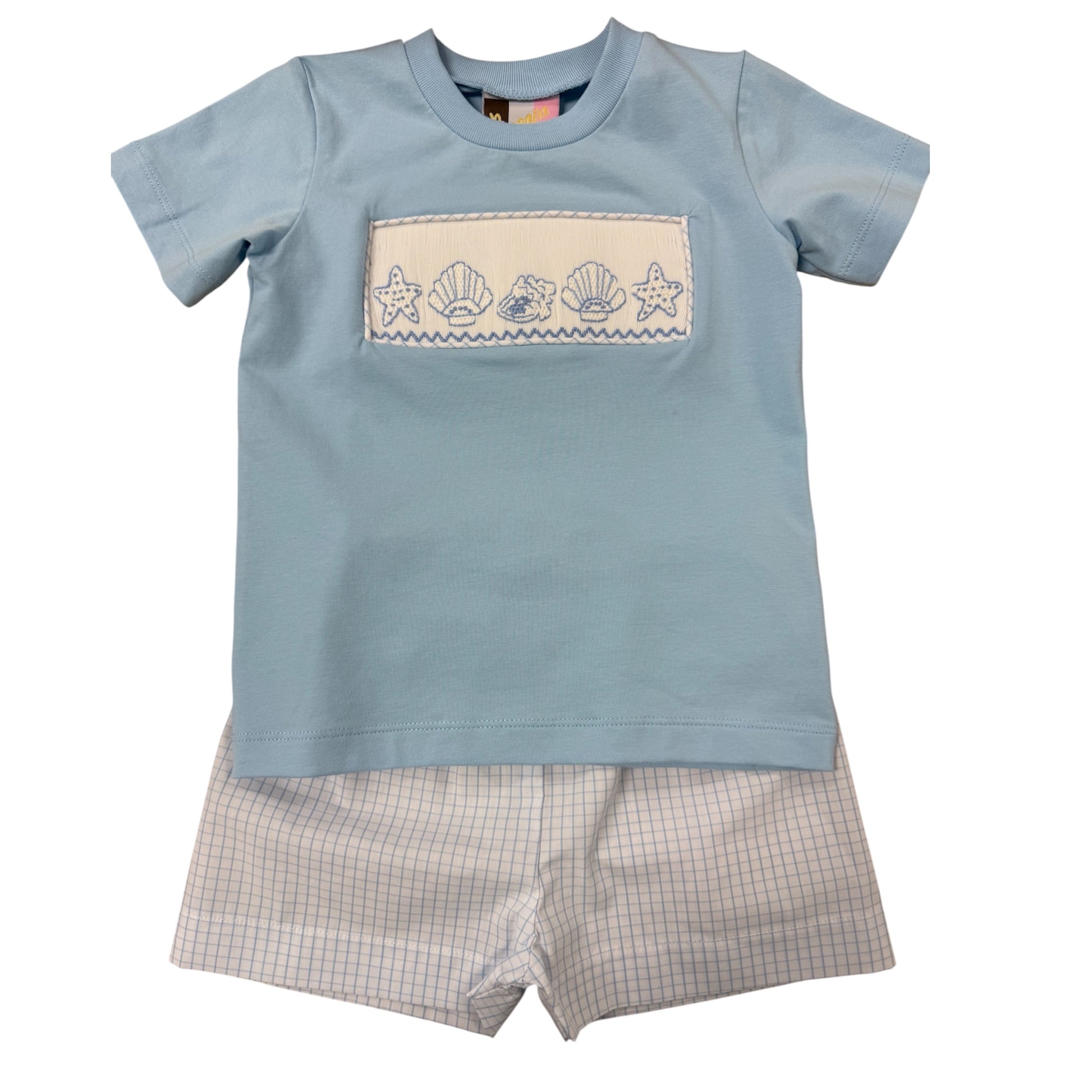 Children's blue shirt with smocked shell design and checkered shorts on a white background