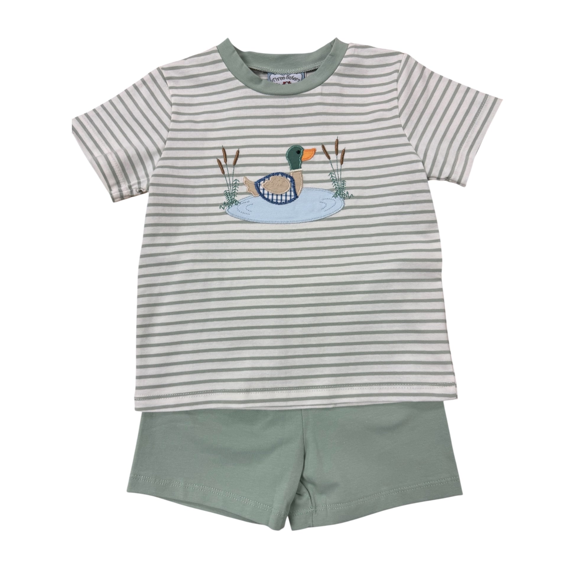 Striped t-shirt with duck applique design and green shorts 