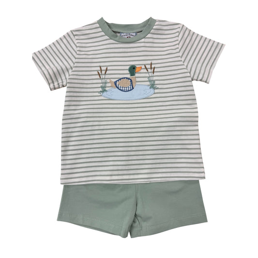 Striped t-shirt with duck applique design and green shorts 
