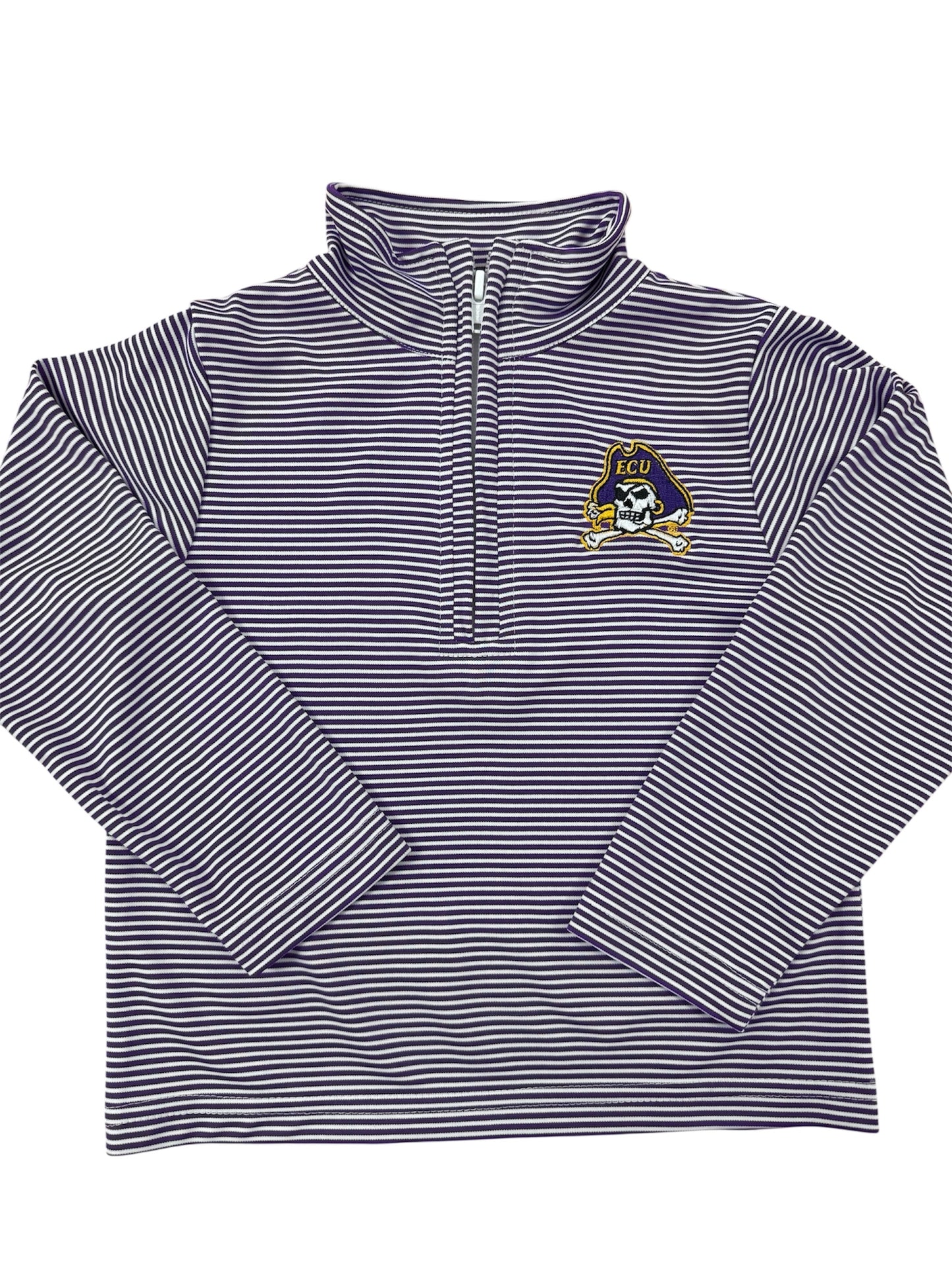 Purple and white striped pullover with a ECU Pirate logo on a white background