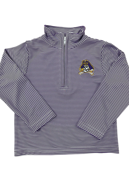 Purple and white striped pullover with a ECU Pirate logo on a white background