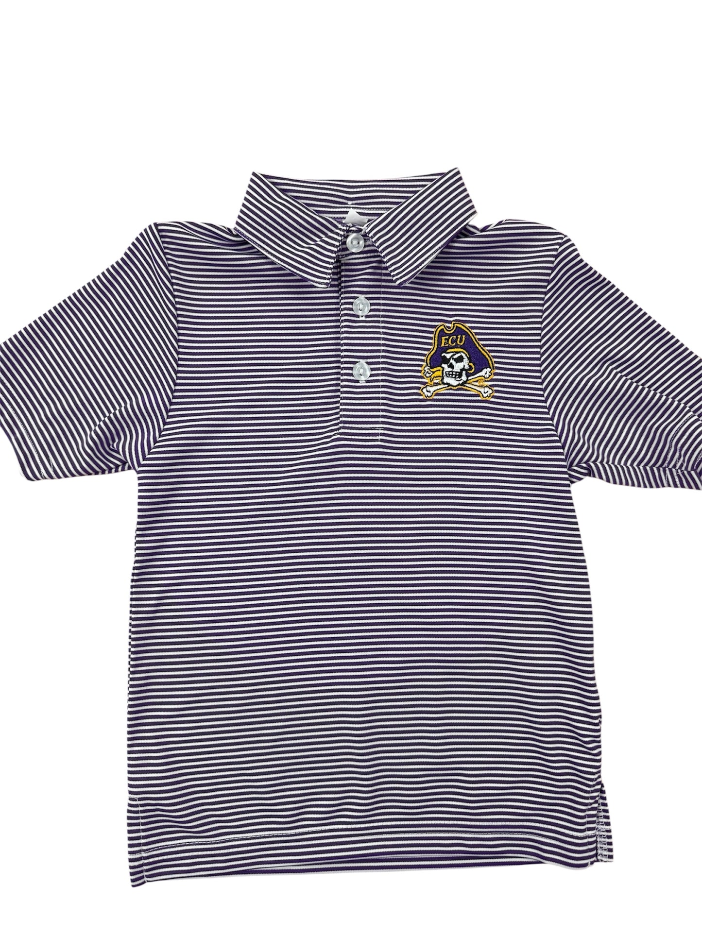 Purple and white ECU striped polo shirt with a pirate logo on a white background