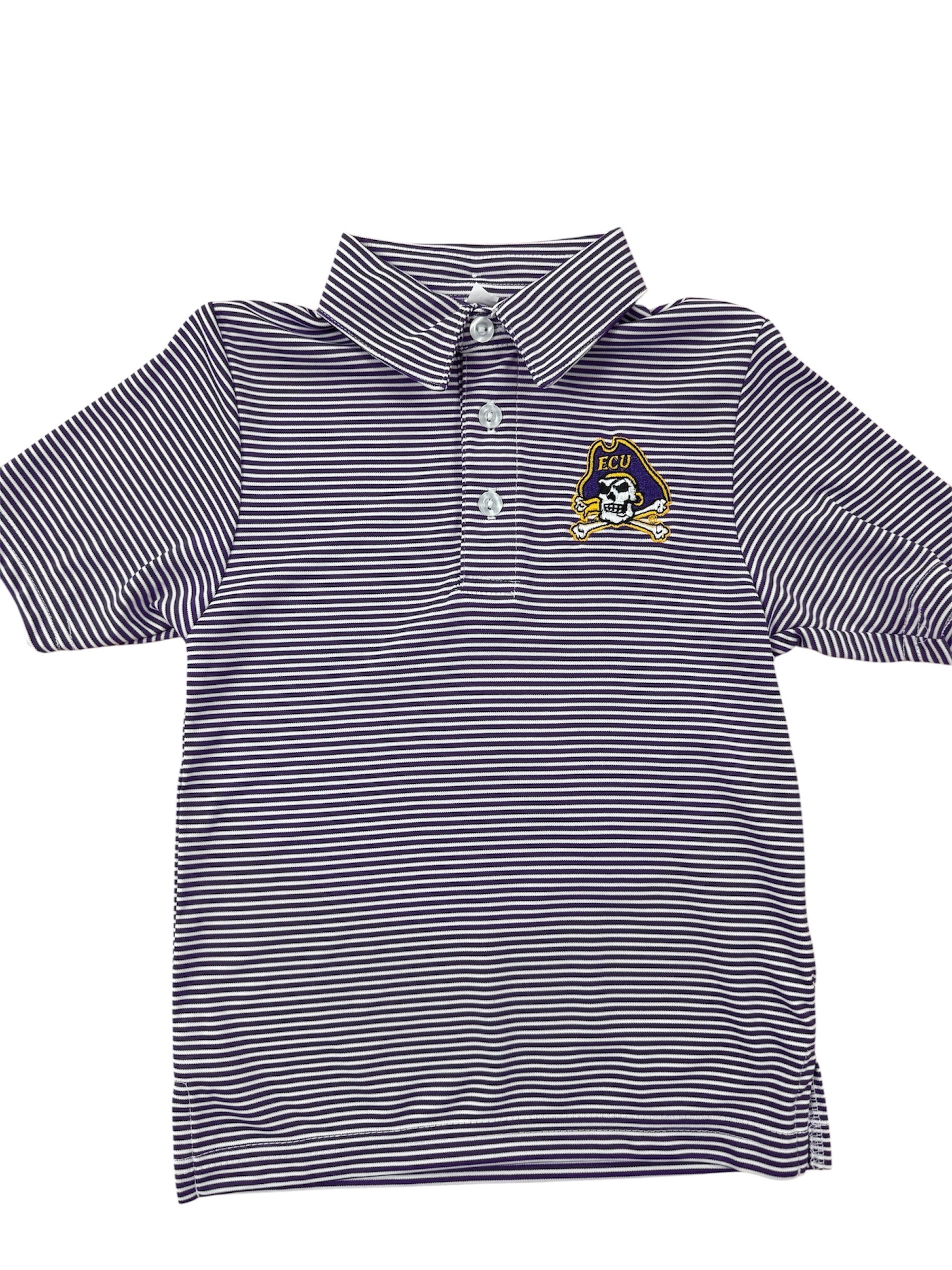 Purple and white ECU striped polo shirt with a pirate logo on a white background