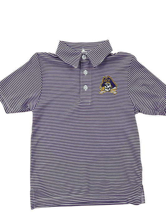 Purple and white ECU striped polo shirt with a pirate logo on a white background