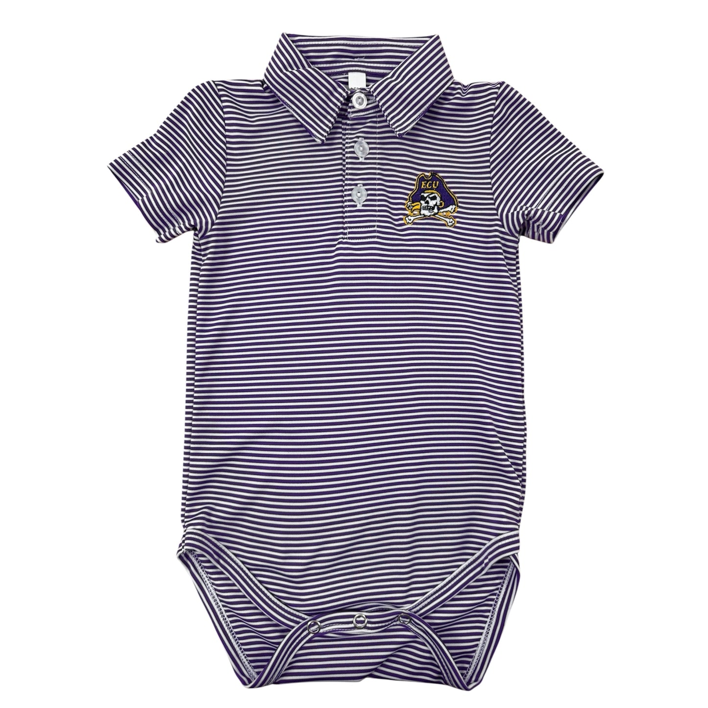 Purple and white striped ECU polo onesie with pirate logo on chest.
