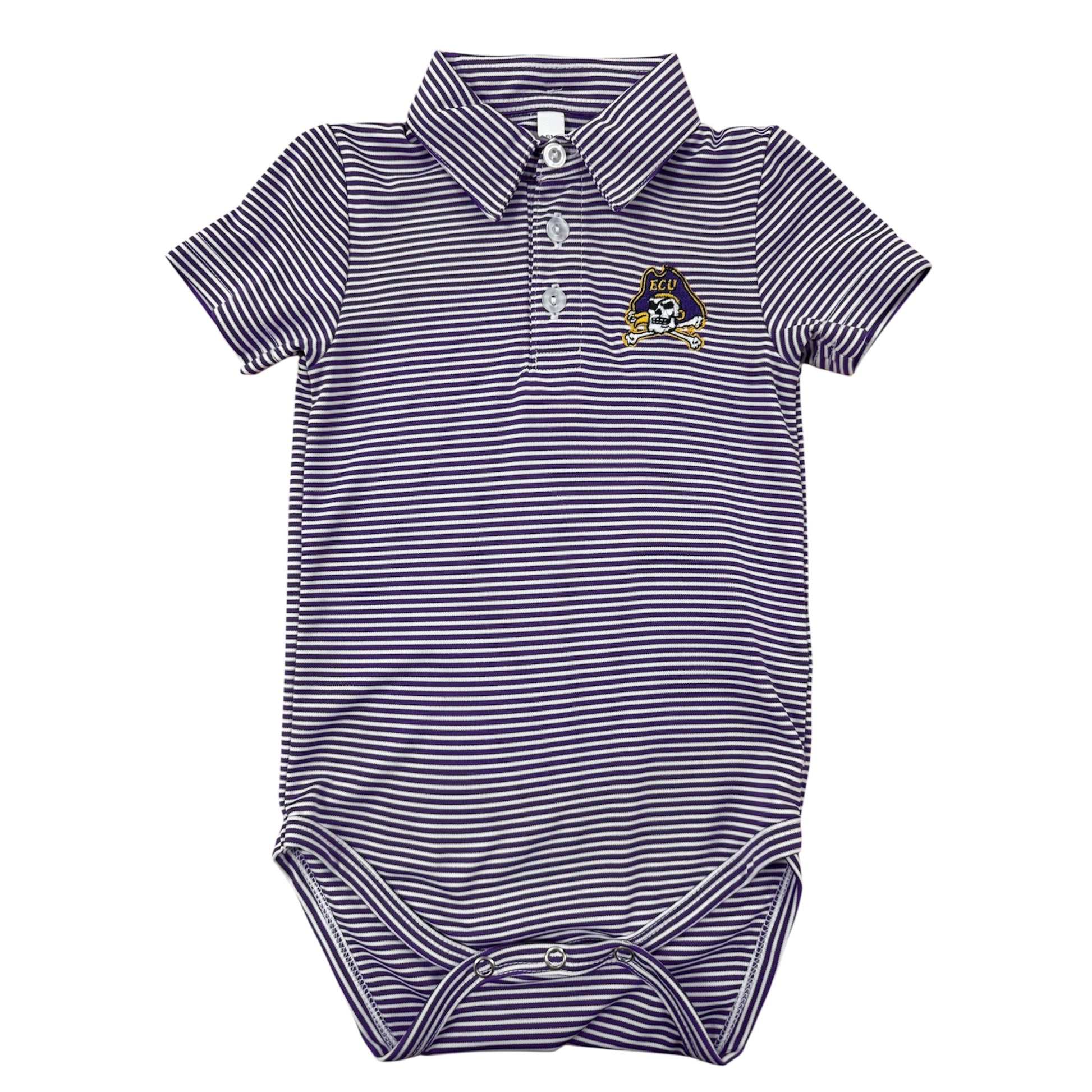 Purple and white striped ECU polo onesie with pirate logo on chest.